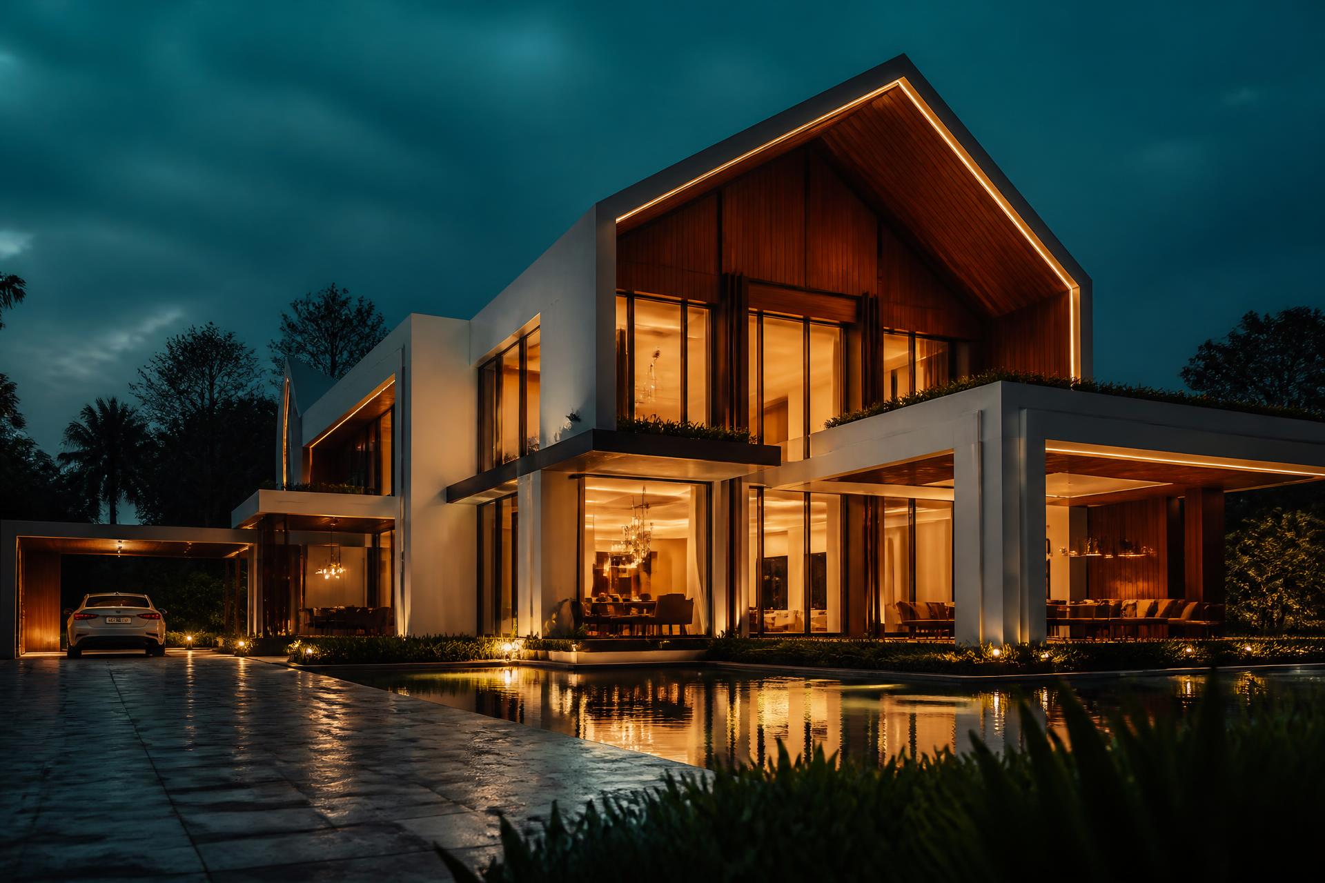 D'Casa Homes luxury contemporary mansion at blue hour with warm golden interior light, teak cladding and a reflecting pool