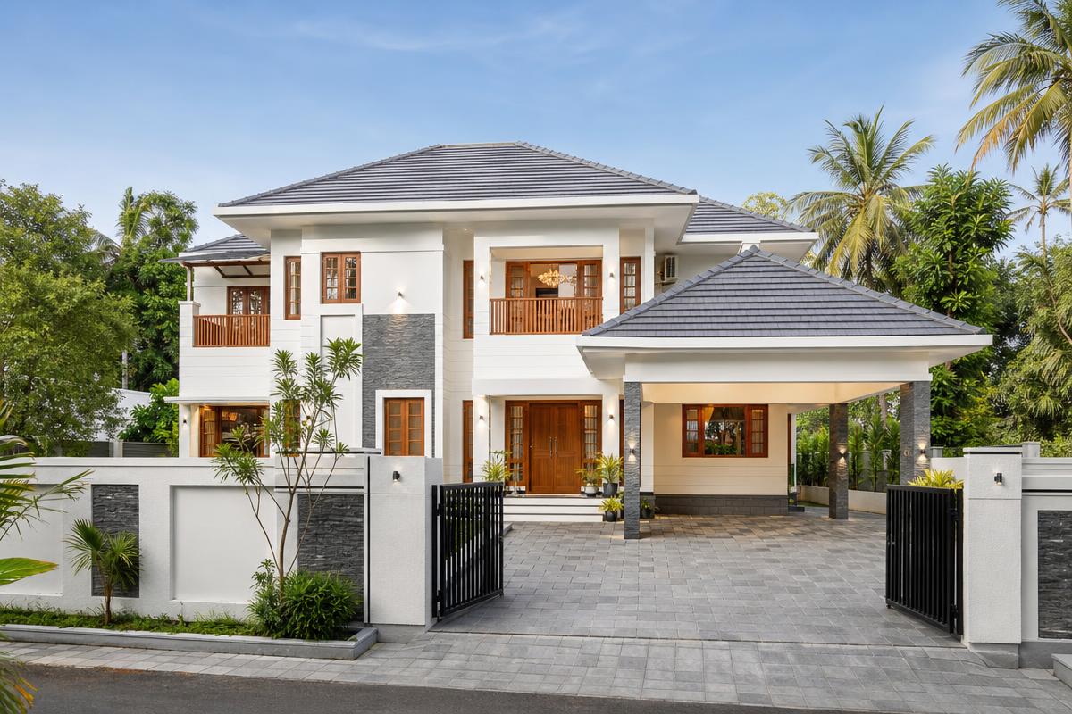 Two-storey premium white D'Casa Homes residence with grey tiled roofs and a paved courtyard entrance