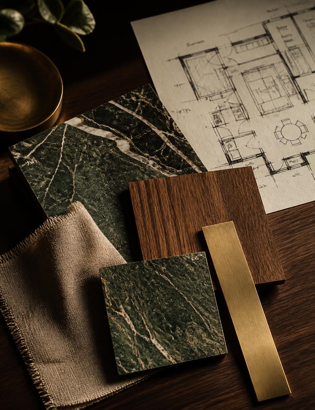Green marble, teak, linen and brass material samples beside a hand-drawn floor plan on a dark walnut table