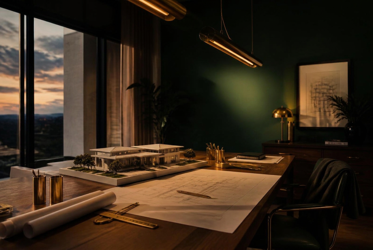 D'Casa Homes studio at dusk with a walnut drafting table, villa model, blueprints and brass lighting against an emerald wall
